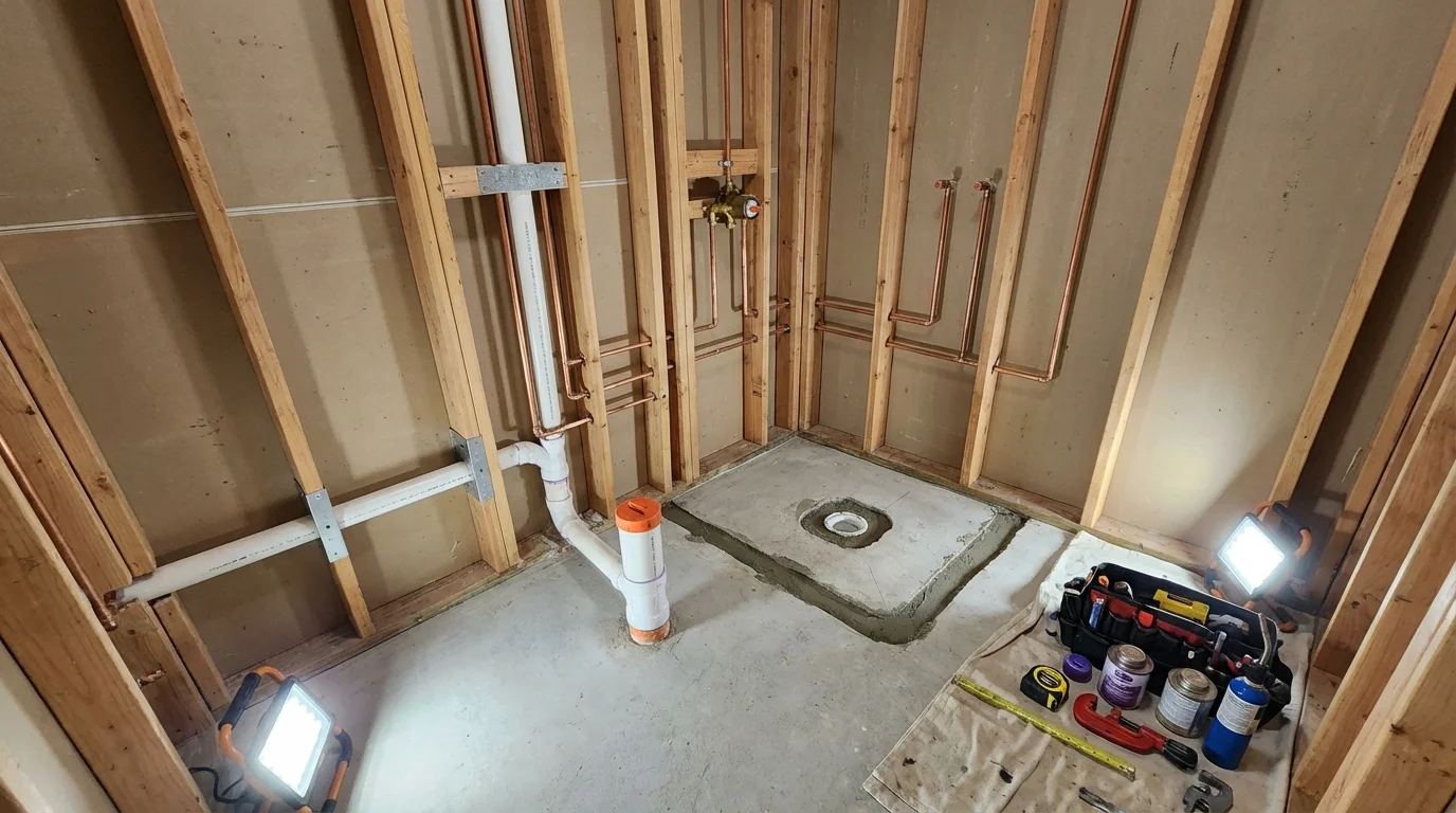 Bathroom rough-in plumbing during remodel by Johns Plumbing LLC in Atlantic Beach