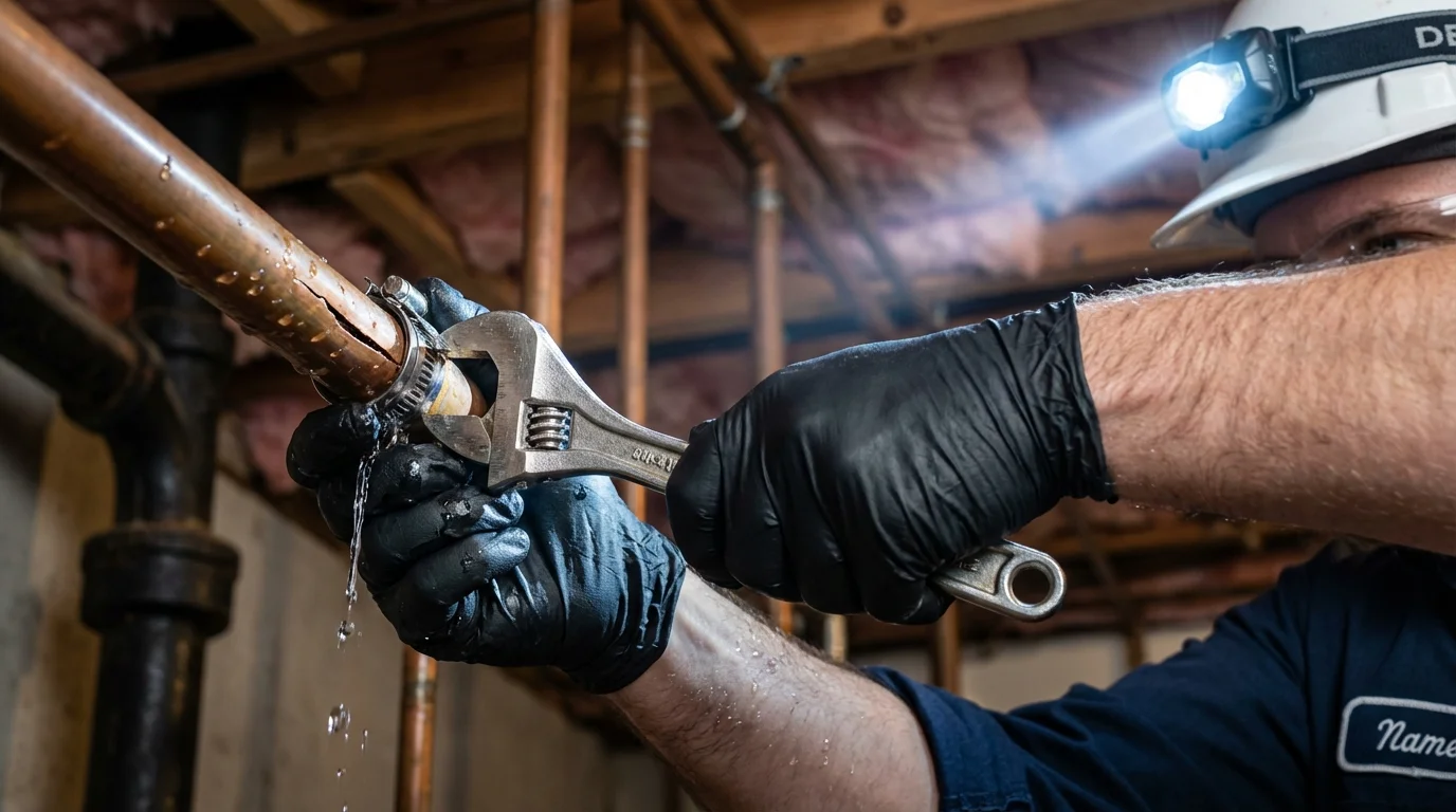 Emergency pipe clamp repair being performed by a Johns Plumbing LLC plumber in Atlantic Beach