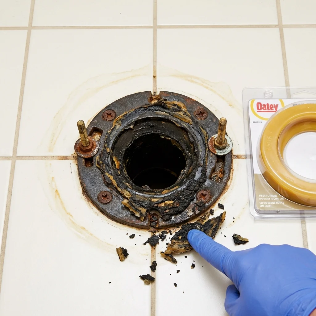 Failed wax ring showing water seepage at the base of a toilet in a Atlantic Beach, NY home