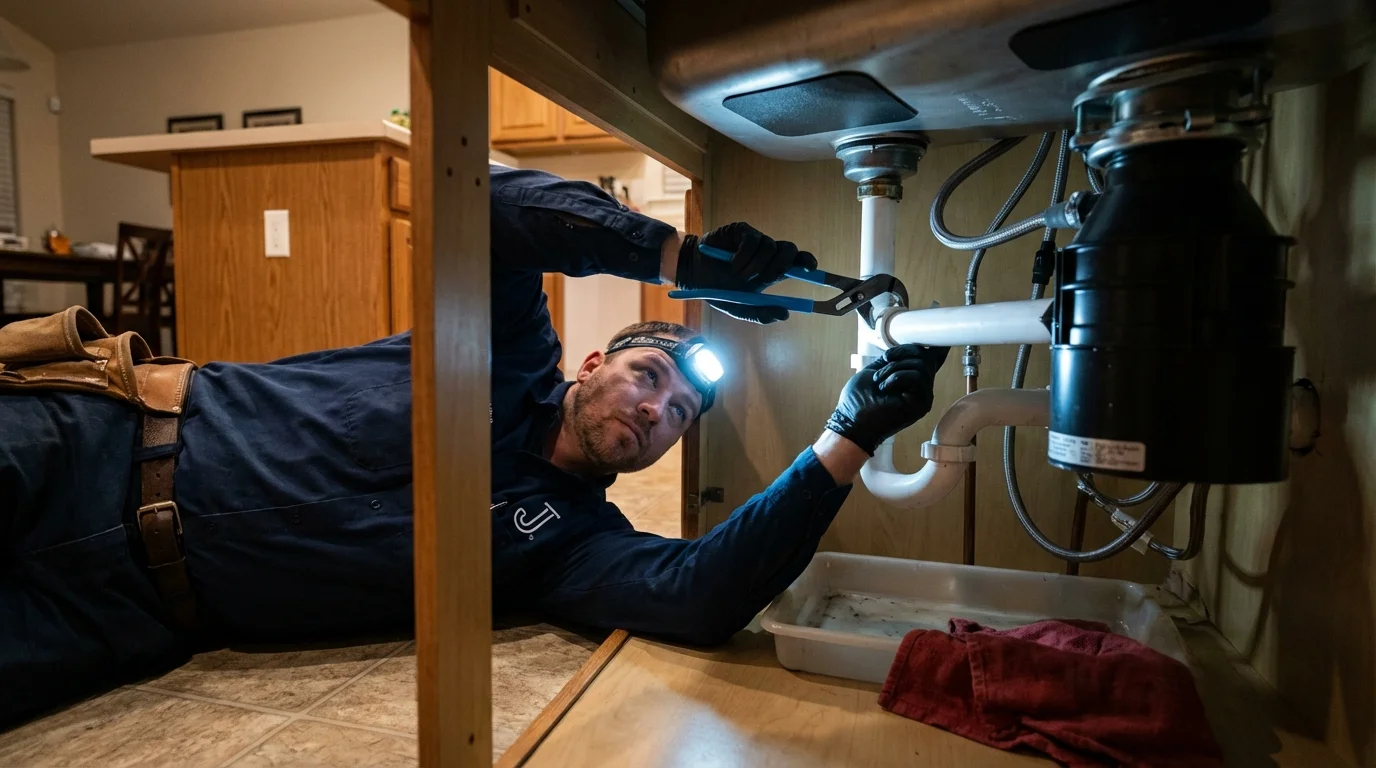 P-trap and supply line connections under a kitchen sink showing a common leak point in Atlantic Beach, NY